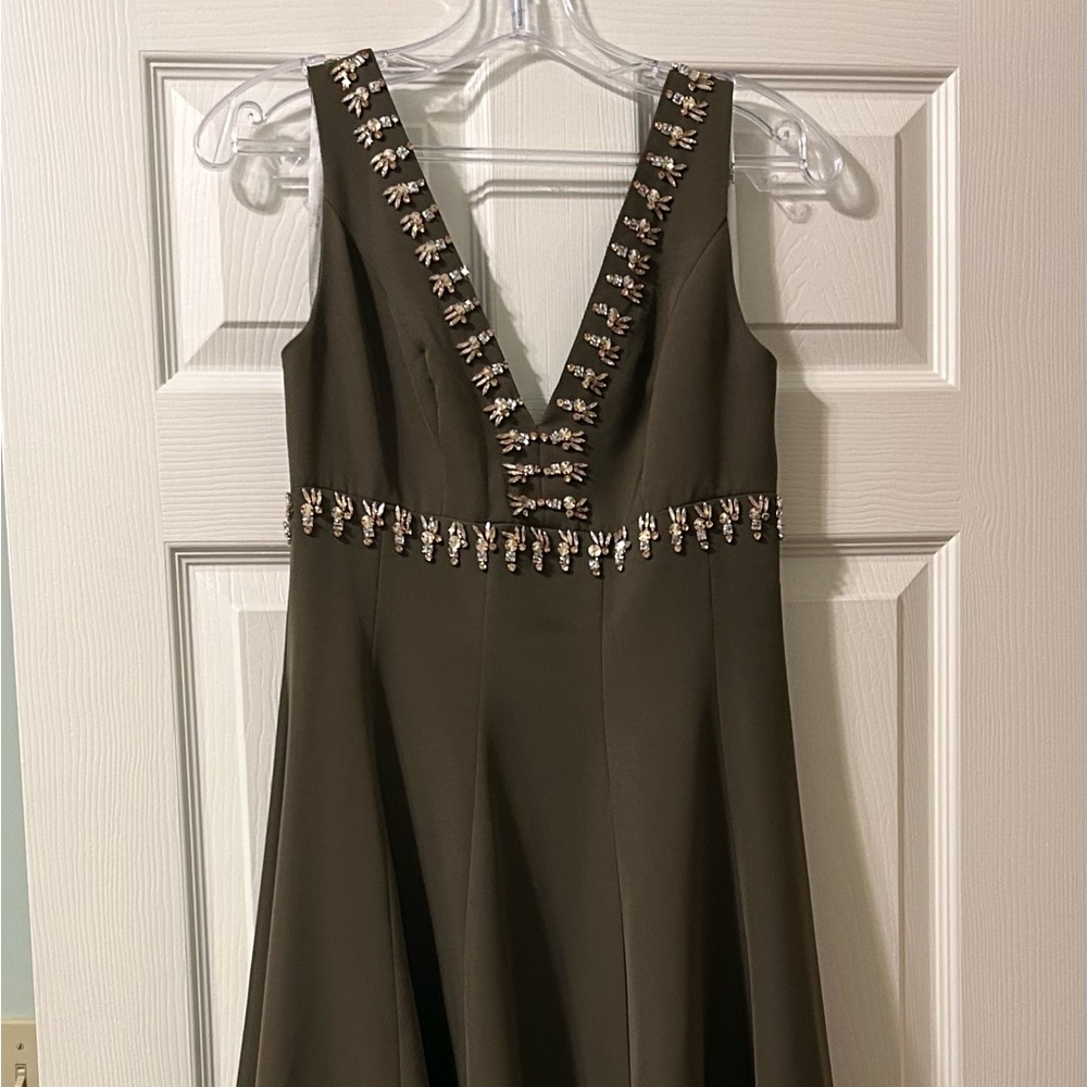 Mac Duggal Olive Midi Dress with Embellished Neckline